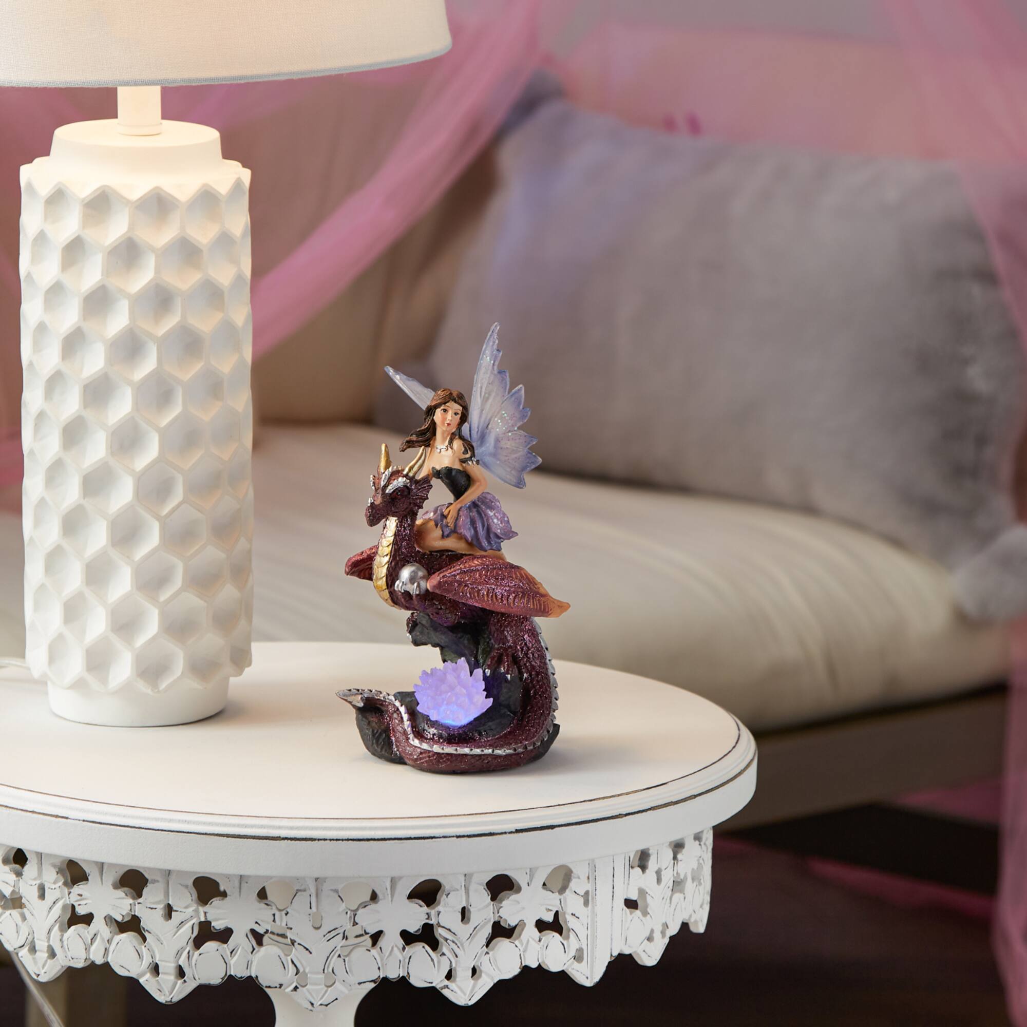 Fairy Riding Dragon Figurine With Light-Up Crystals 4.5" x 4" x 7.5